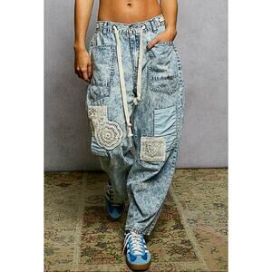 POL Ocean Blue Barrel Leg Crochet Demin Waist Tie String